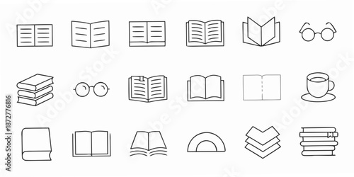 Line art icons depicting books reading and studying materials in a grid