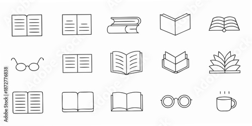 Collection of simple line art book and stationery icons in black and white