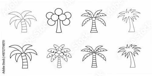Simple black and white illustrations of various tropical palm trees and foliage