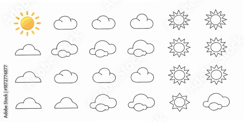 Collection of various weather icons displaying sun clouds and different sun styles