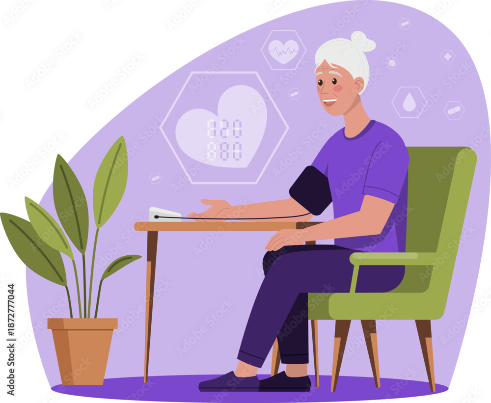 Fototapeta premium Illustration of an elderly woman sitting on a chair, smiling while checking her blood pressure with an automatic monitor. Includes health icons and heart rate display in a modern interior setting.