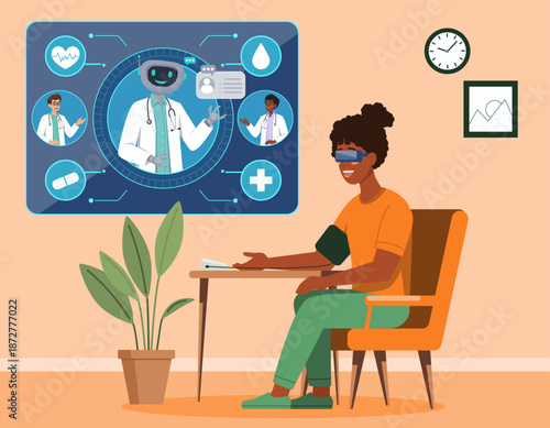 Illustration of a woman wearing VR glasses while connected to a futuristic telemedicine. Robot doctor interface with medical icons represents digital healthcare innovation and remote monitoring.