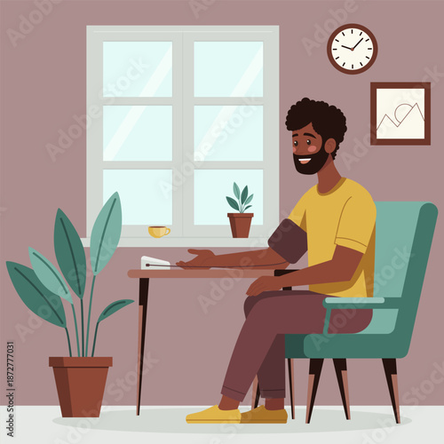Illustration of smiling dark skinned man sitting in a cozy room while checking his blood pressure with a digital monitor. Interior includes plants, window, wall clock, and framed art for a homey feel
