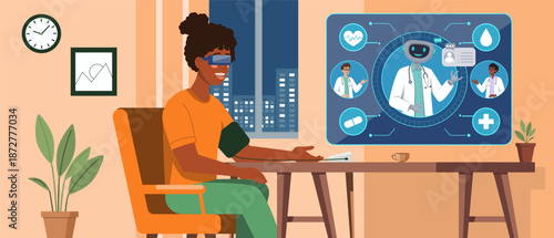 Illustration of a woman wearing VR glasses while connected to a futuristic telemedicine. Robot doctor interface with medical icons represents digital healthcare innovation and remote monitoring.