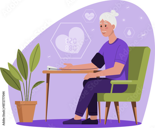 Illustration of an elderly woman sitting on a chair, smiling while checking her blood pressure with an automatic monitor. Includes health icons and heart rate display in a modern interior setting.