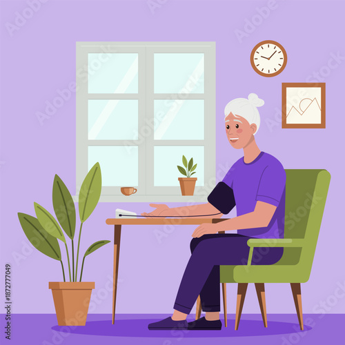 Illustration of an elderly woman sitting indoors and measuring her blood pressure. She is seated by a window with plants, a clock, framed artwork, and a cup on the windowsill.
