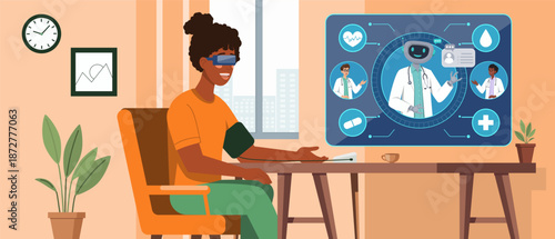 Illustration of a woman wearing VR glasses while connected to a futuristic telemedicine. Robot doctor interface with medical icons represents digital healthcare innovation and remote monitoring.