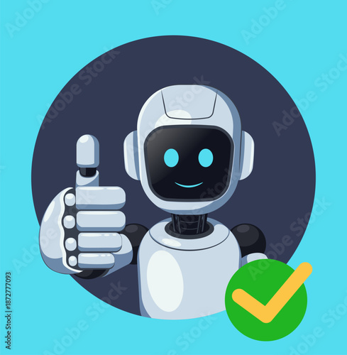Cute, smiling cartoon robot gives a thumbs up gesture inside a dark circle, accompanied by a green checkmark. Ideal for themes of approval, success, or positive customer feedback.