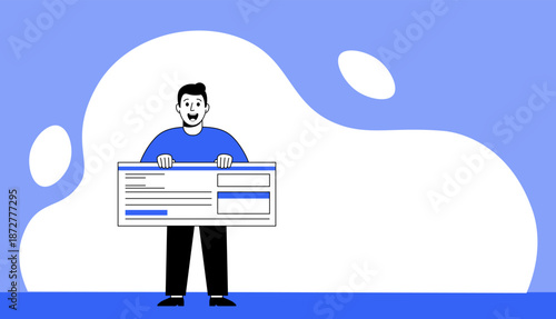 Cheerful cartoon man in a blue shirt holds a giant oversized check, smiling broadly. Ideal for finance, winning, payment, or success themed illustrations and animations.