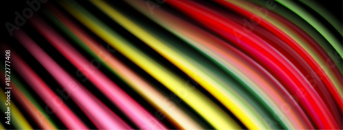 Abstract colorful stripes curve across black background. Vivid hues blend, creating dynamic visual effect. Lines suggest movement, energy.