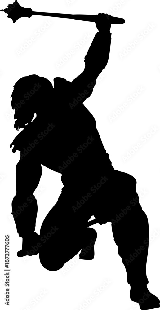 Obraz premium Black silhouette of a warrior wielding two spiked maces. The figure has a muscular build and dynamic posture, symbolizing strength, combat readiness, and fierce energy.