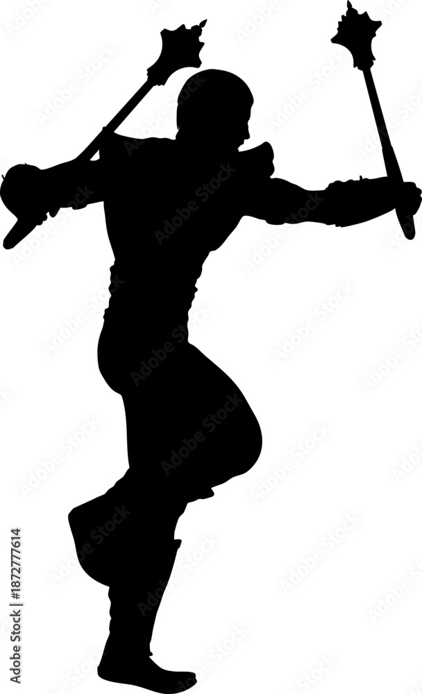 Obraz premium Black silhouette of a warrior wielding two spiked maces. The figure has a muscular build and dynamic posture, symbolizing strength, combat readiness, and fierce energy.