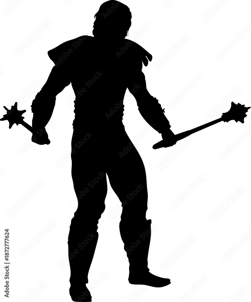 Obraz premium Black silhouette of a warrior wielding two spiked maces. The figure has a muscular build and dynamic posture, symbolizing strength, combat readiness, and fierce energy.