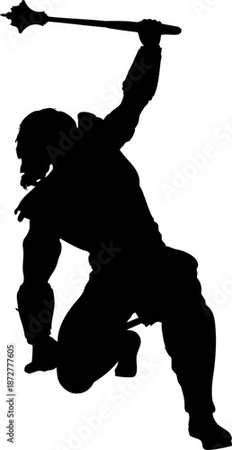 Black silhouette of a warrior wielding two spiked maces. The figure has a muscular build and dynamic posture, symbolizing strength, combat readiness, and fierce energy.
