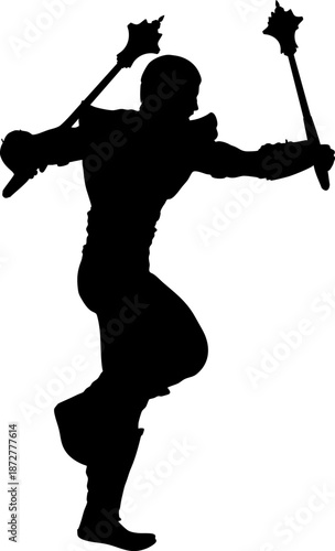 Black silhouette of a warrior wielding two spiked maces. The figure has a muscular build and dynamic posture, symbolizing strength, combat readiness, and fierce energy.