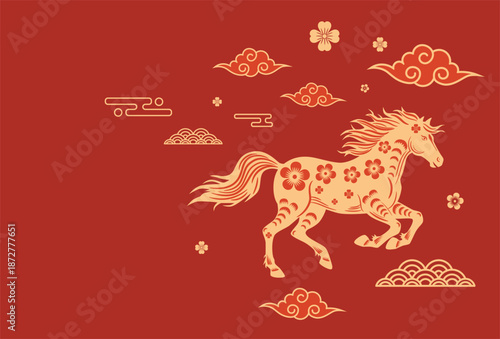 Elegant horse adorned with floral motifs gallops across abstract background, surrounded by traditional cloud and wave patterns. Ideal for festive, cultural, or celebratory designs.