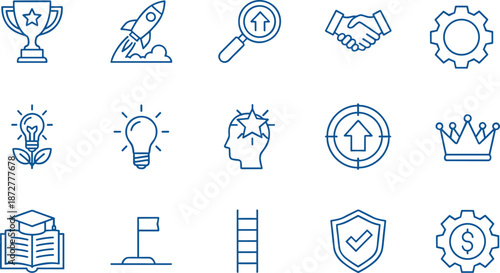 Blue line icons set representing success, innovation, education, and achievement for business, learning platforms, and motivational design