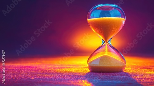 Hourglass with golden sand flowing against a purple and yellow background, deadlines urgency time management concept