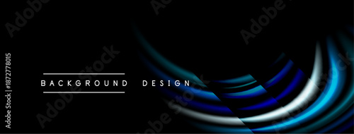 Dark background features curved lines, blue hues, white highlights. Modern design element, abstract shapes create dynamic visual effect.