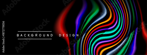 Abstract waves, vibrant colors, dark background. Modern design element, dynamic lines create visual interest. Minimalist text labels bottom left corner.