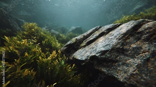 Wallpaper Mural Close up view of lush green aquatic plants and a rough textured rock underwater Torontodigital.ca