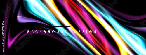 Abstract colorful lines flow across black background. Dynamic design evokes energy, movement, modern aesthetic. Vivid hues create visual impact.