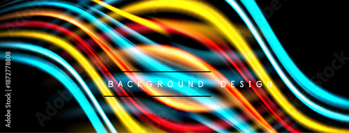 Abstract vibrant lines create flowing shapes. Dynamic colorful waves suggest movement, energy, modern design aesthetic. Black background enhances luminosity.