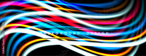 Abstract colorful lines create dynamic wave pattern. Bright neon shades blend, forming modern background design. Vivid, energetic composition.