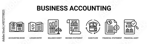 Business Accounting web banner icon vector illustration concept with icon of accounting book, ledger entry, balance sheet, income statement, cash flow, financial statement, financial audit.