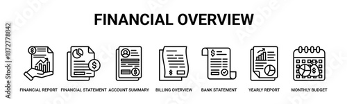 Financial Overview web banner icon vector illustration concept with icon of financial report, financial statement, account summary, billing overview, bank statement, yearly report, monthly budget.