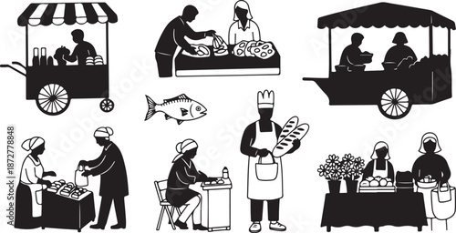 Black and white illustration of people at food market stalls