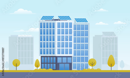 Modern sustainable office buildings featuring rooftop solar panels and glass facades in a clean city environment. Green energy and eco-friendly urban infrastructure concept, vector illustration.