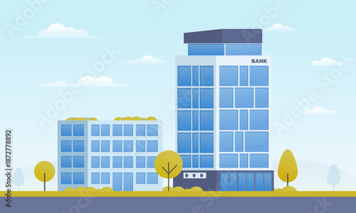 Modern commercial office and bank buildings with solar panels, green rooftops, and trees. Flat vector illustration of sustainable urban architecture and cityscapes under a cloudy sky background.