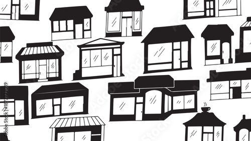 Black and white illustration of various small house designs