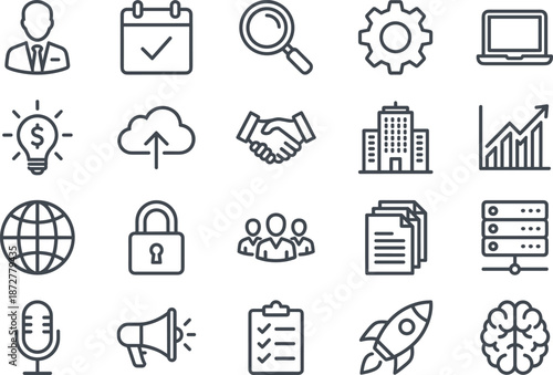 Modern business and technology icon set featuring innovation, computing, global strategy, communication, security, teamwork, and analytics