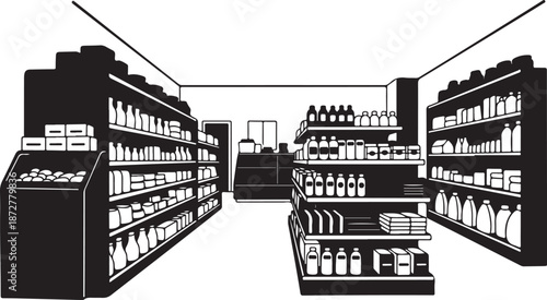Black and white illustration of a grocery store interior scene