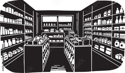 Black and white illustration of a grocery store interior scene