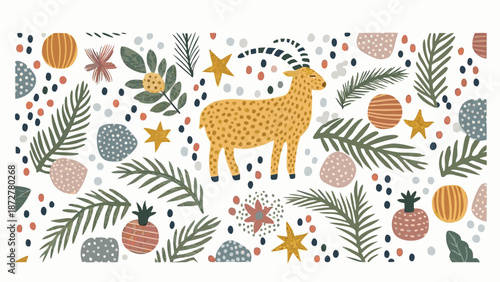 Vibrant goat illustration with festive leaves and stars