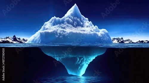 Iceberg above water symbolizes hidden depths and unseen potential. main objects, iceberg, water
