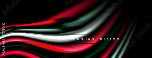 Abstract flowing lines create dynamic dark background. Red, green, silver hues blend, forming modern design element. Smooth gradients suggest movement.