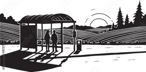 People standing under a bus stop in a rural landscape