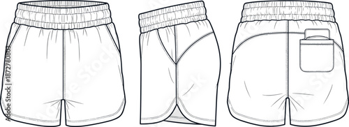 Activewear Women Running Shorts Technical Flat Sketch Vector Template with Elastic Waistband Side Pockets and Back Phone Pocket Design Illustration