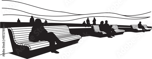 Silhouette of people sitting on benches in a park setting