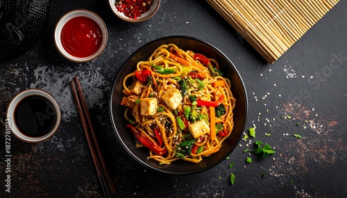 Delicious Tofu Noodle Bowl with Fresh Vegetables and Sauces.