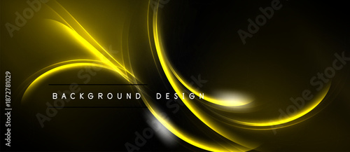 Dynamic yellow curves over black background. Modern design element, sleek lines create abstract visual flow. Text reads background design.