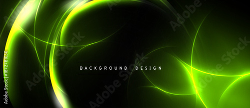 Dark background features vibrant green glowing curves. Abstract design suggests energy, motion, futuristic aesthetic. Text reads background design.