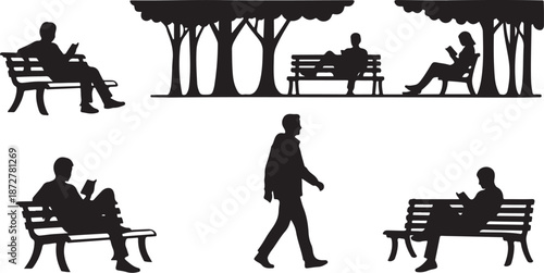 Silhouettes of people sitting and walking in the park area