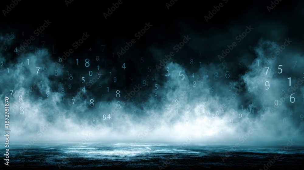 Obraz premium Mysterious Digital Landscape with Floating Numbers and Atmospheric Smoke Effects in Dark Background for Futuristic Concepts and Technology Themes