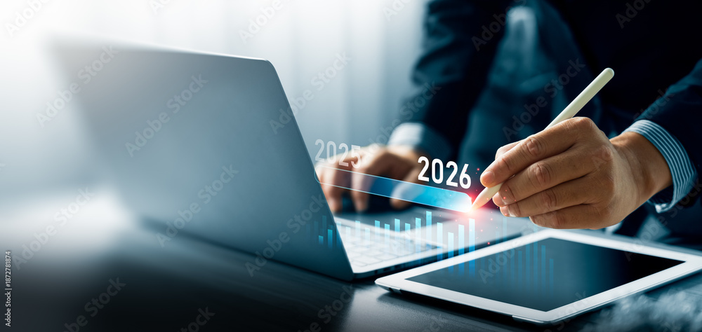 Bilde på lerret Business professional using digital pen to move interactive timeline from 2025 t