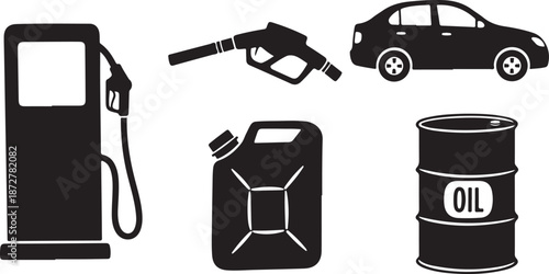 Black silhouettes of car fuel and oil icons on white